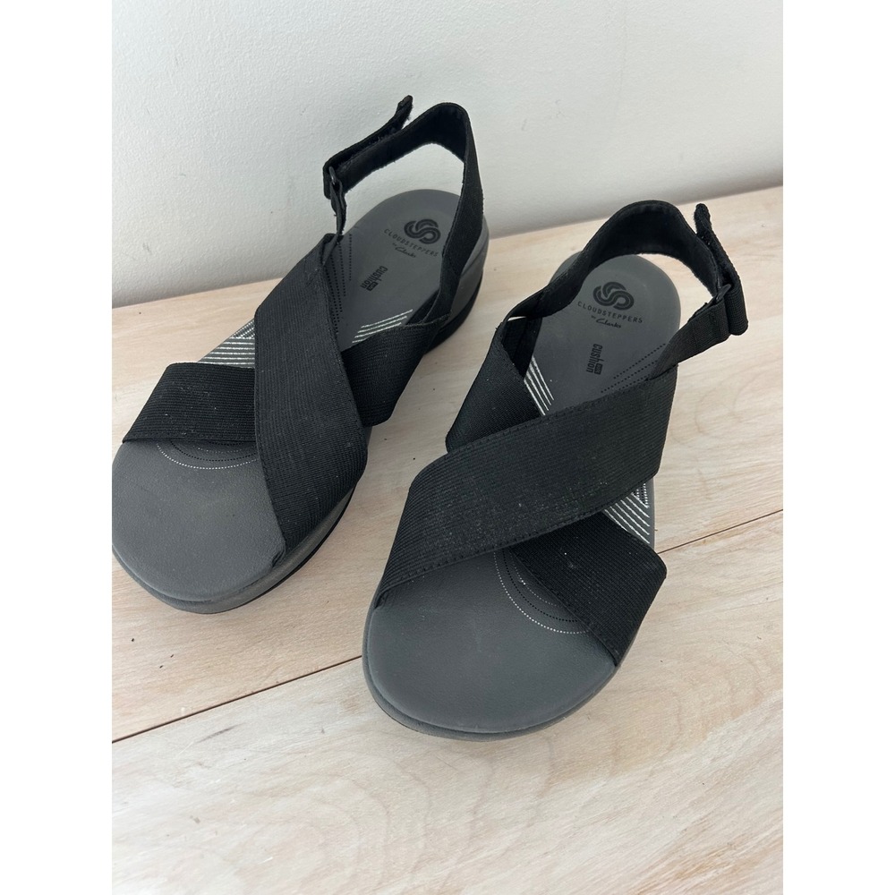 Clarks Cloudsteppers Arla Glison Black Cross Strap Wedge Sandals Womens 8 M